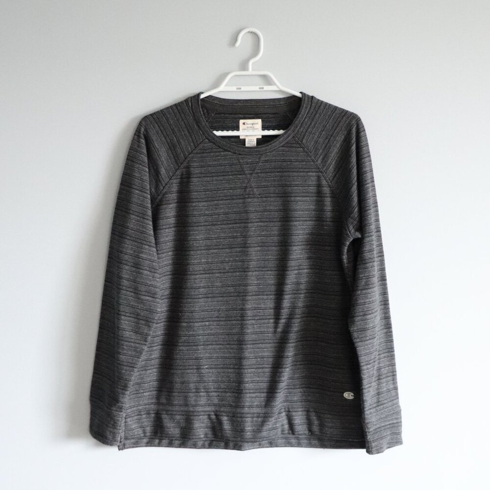 Vntg Champion Men's Sz M Grey Striped Crewneck Pullover Stretch Sweatshirt Top